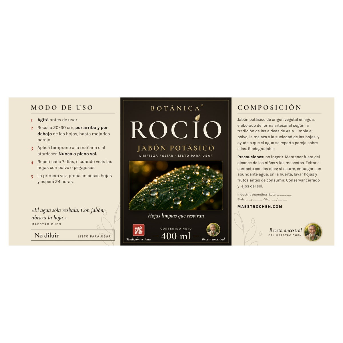Etiqueta completa de Botánica® Rocío con el modo de uso y la composición